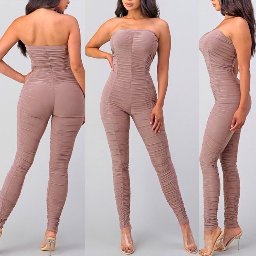 Sabora Ruched Jumpsuit Brown m playsuit pantsuit romper bodycon flattering pants